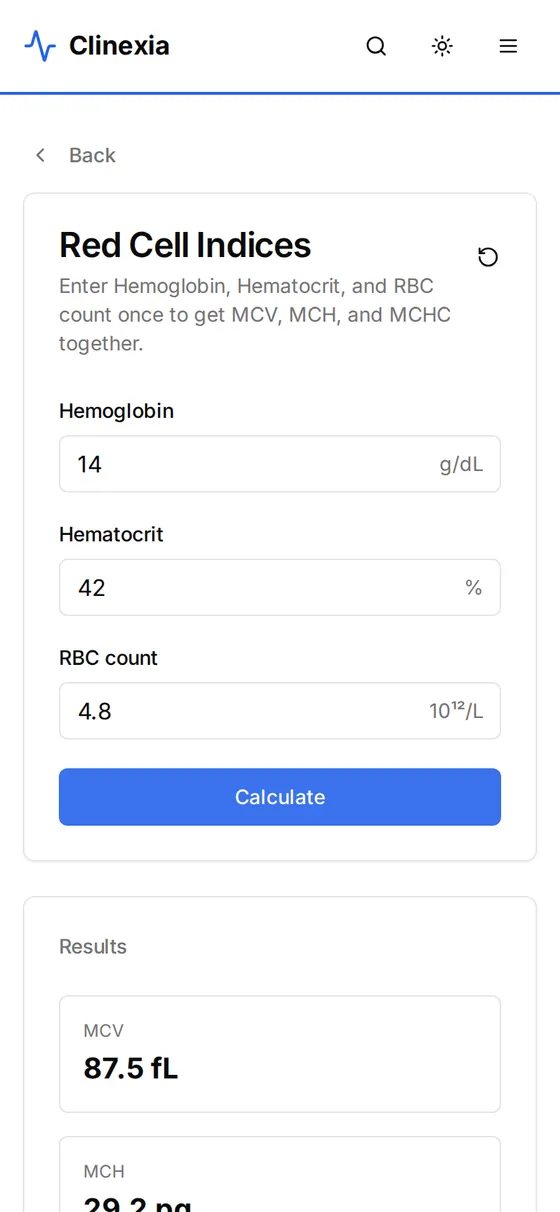 Red cell indices: A calculator on a phone screen